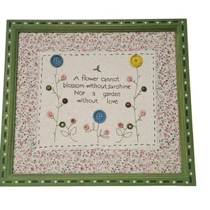 Youngs Inc Wood Fabric Wall Plaque Flower Garden Quote Button Art Green 16x14
